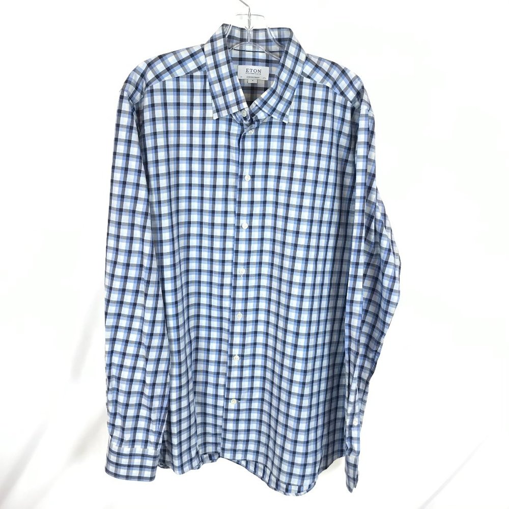 Mens Size XL Eton Blue Black Cream Checks Fine Twill Shirt